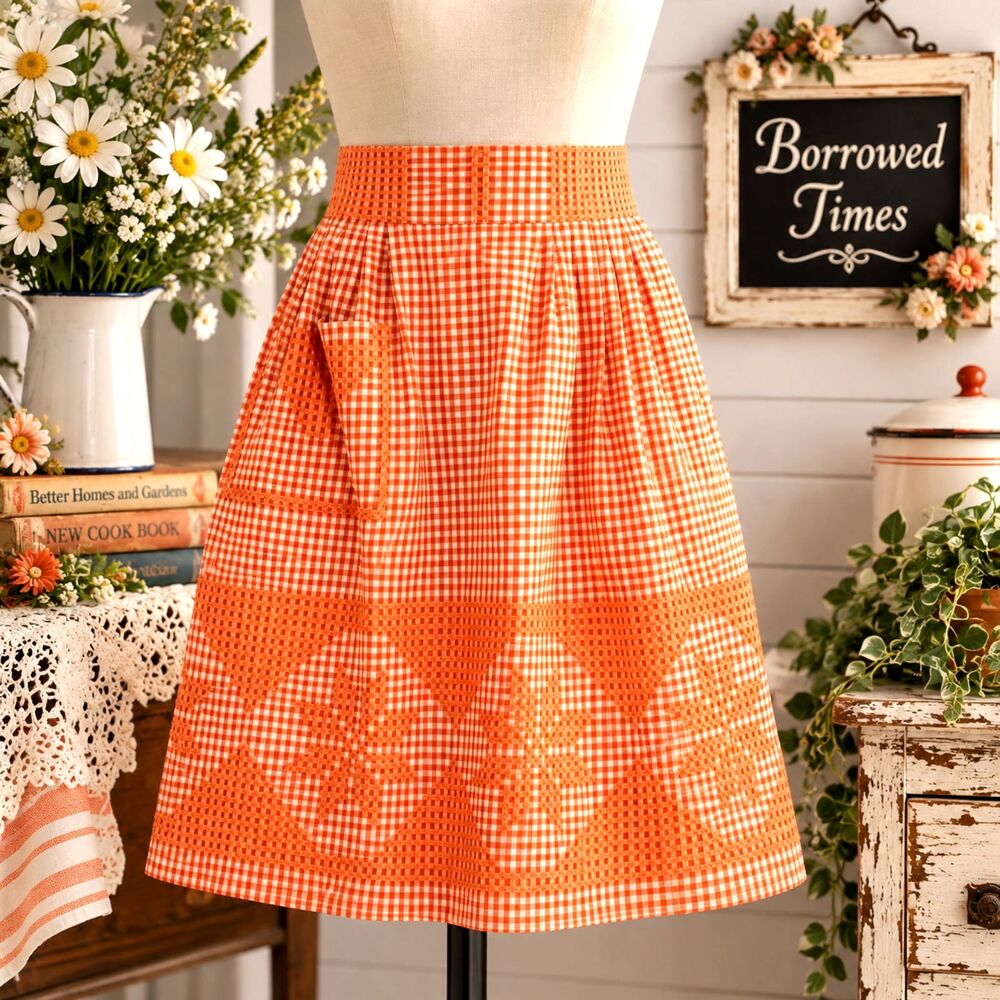 Vintage Handmade Orange Gingham Cross Stitch Apron Pocket Cottagecore Kitchen
